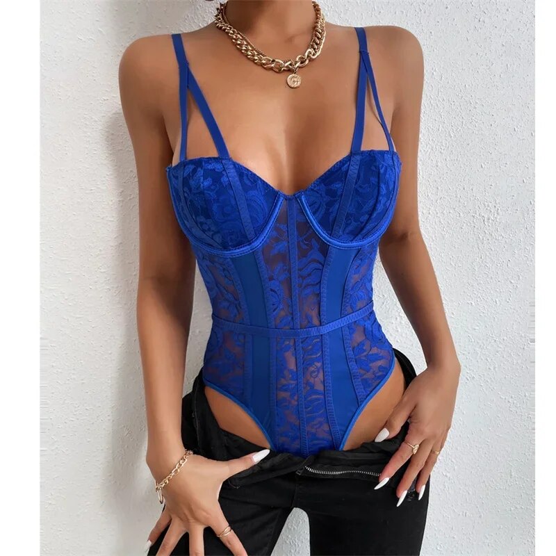 Deep-V Neck Lace Thong Bodysuit