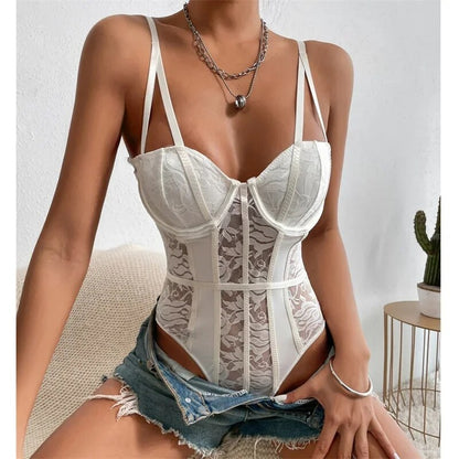 Deep-V Neck Lace Thong Bodysuit